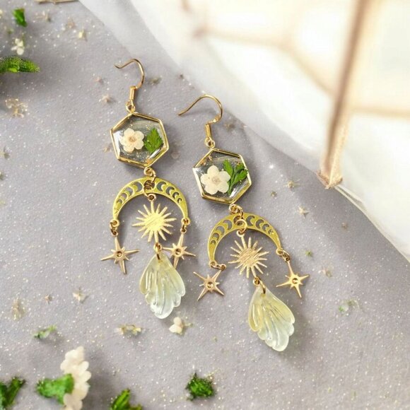 Jewelry - Pressed Flower Celestial Moon Earrings with Sun & Star Charms, Fairycore Botanic